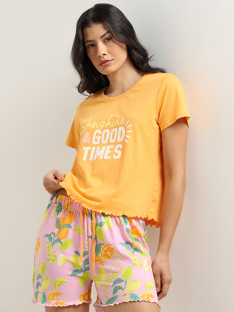 Wunderlove Orange Text Design Cotton Shorts Set In A Bag