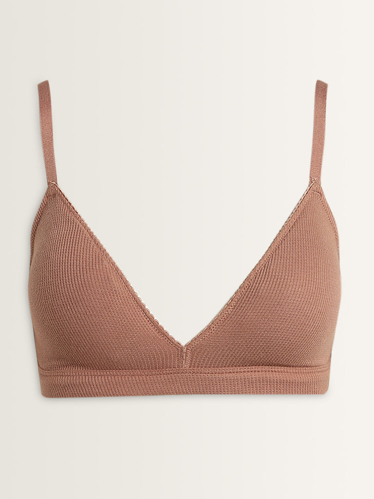 Superstar Brown Waffle-Textured Padded Cotton Bra