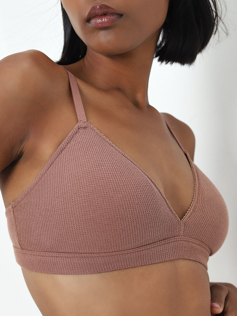 Superstar Brown Waffle-Textured Padded Cotton Bra