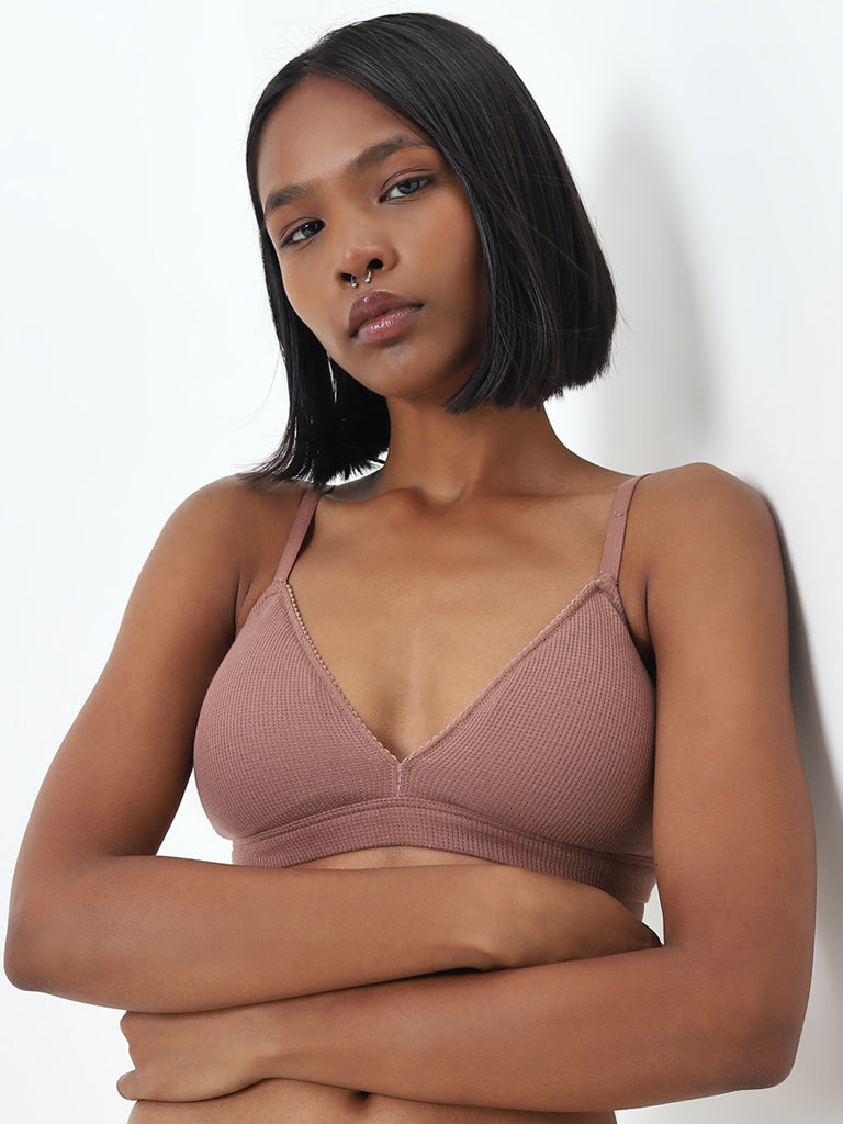 Superstar Brown Waffle-Textured Padded Cotton Bra