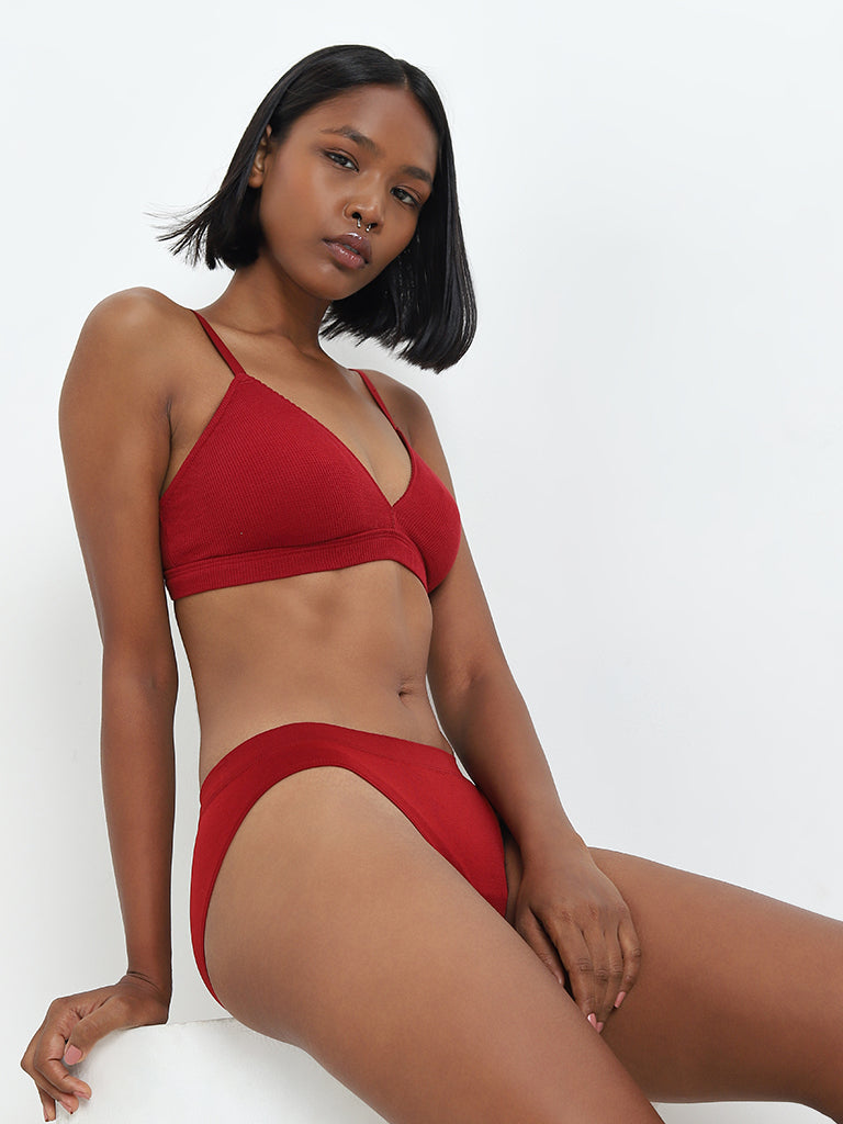 Superstar Red Waffle-Textured Padded Cotton Bra