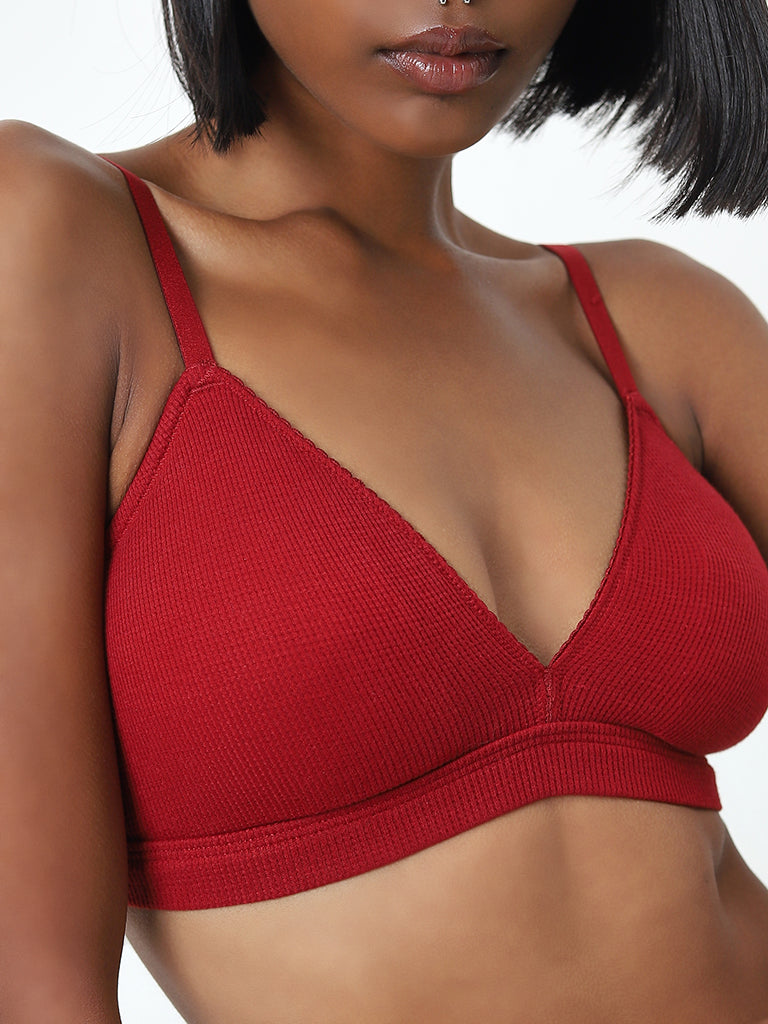 Superstar Red Waffle-Textured Padded Cotton Bra