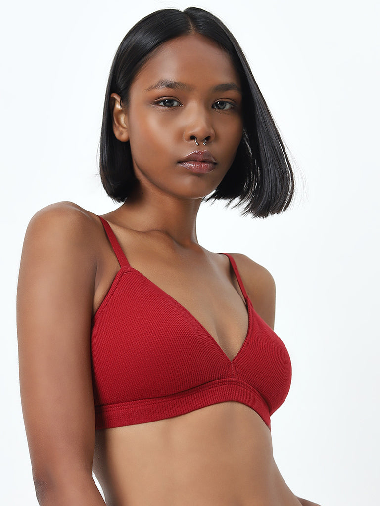 Superstar Red Waffle-Textured Padded Cotton Bra