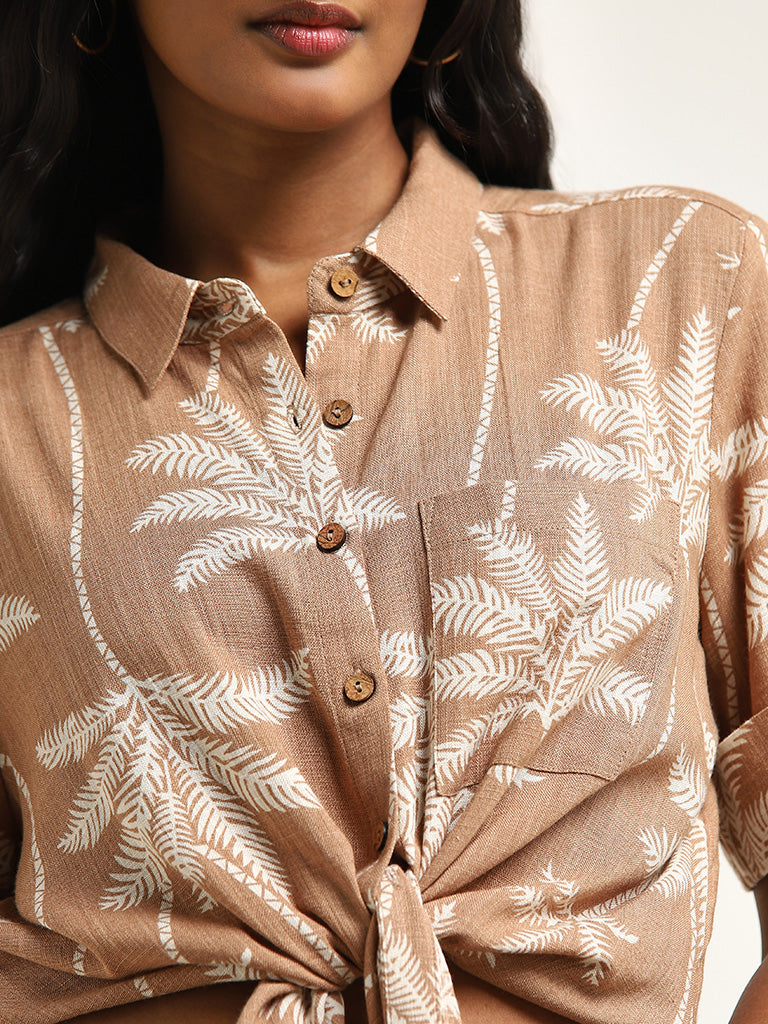 LOV Dark Beige Tropical Printed Shirt