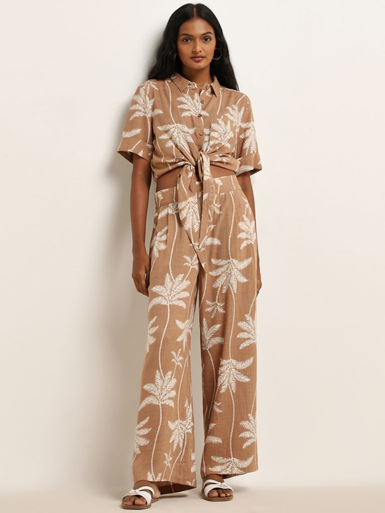 LOV Dark Beige Tropical Printed Shirt