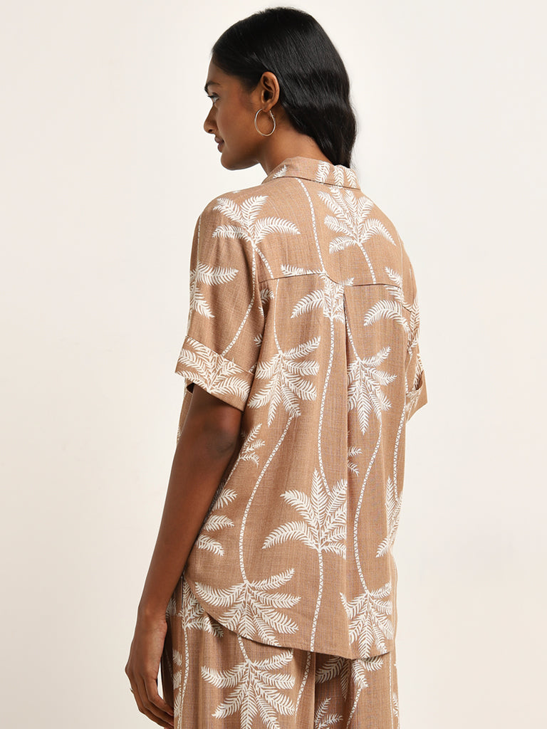 LOV Dark Beige Tropical Printed Shirt