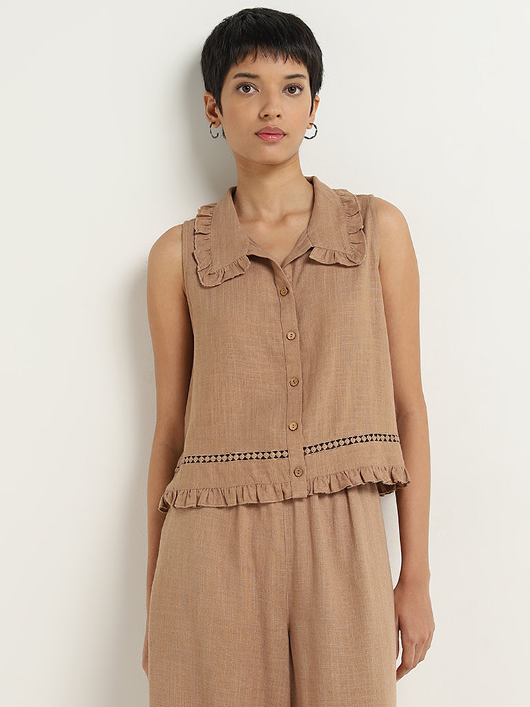 LOV Dark Beige Ruffle-Detailed Shirt