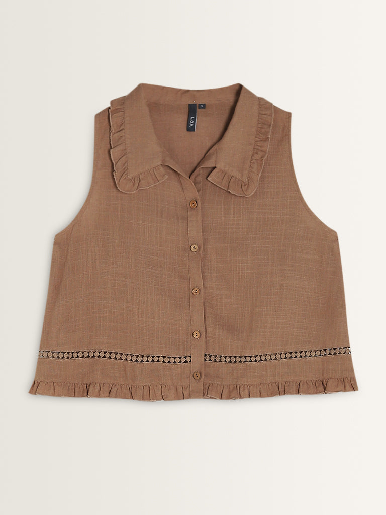 LOV Dark Beige Ruffle-Detailed Shirt