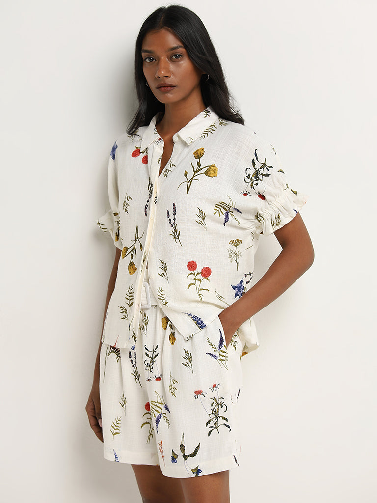 LOV Off-White Floral Printed Blended Linen Shirt