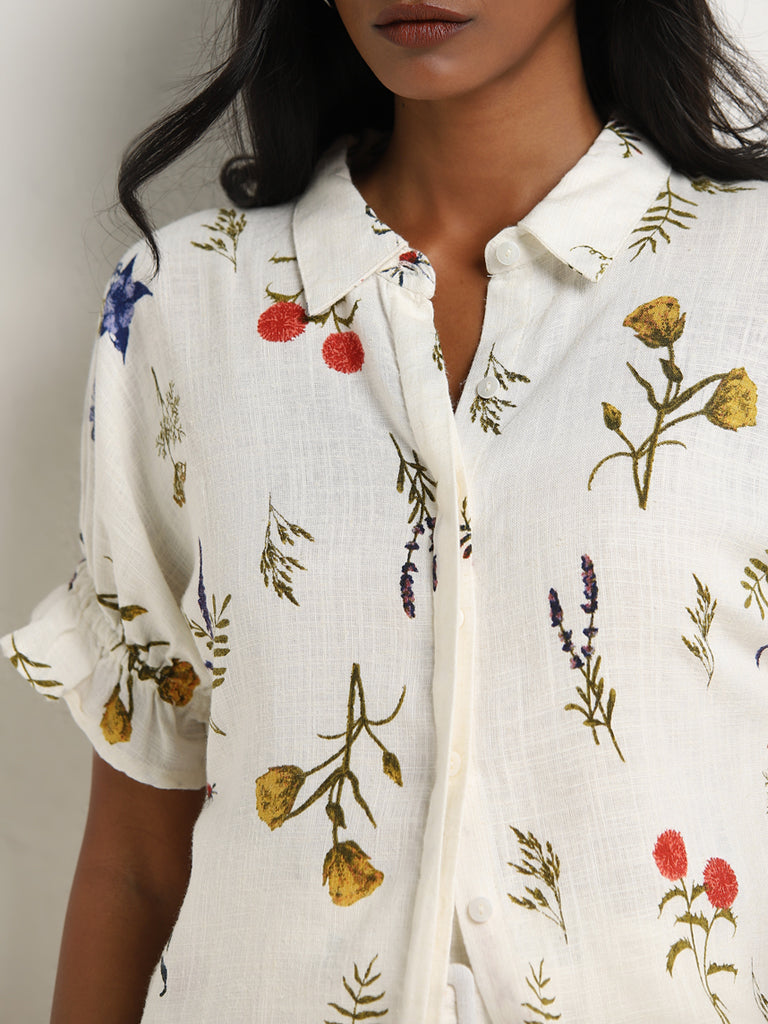 LOV Off-White Floral Printed Blended Linen Shirt