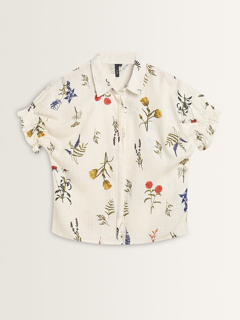 LOV Off-White Floral Printed Blended Linen Shirt