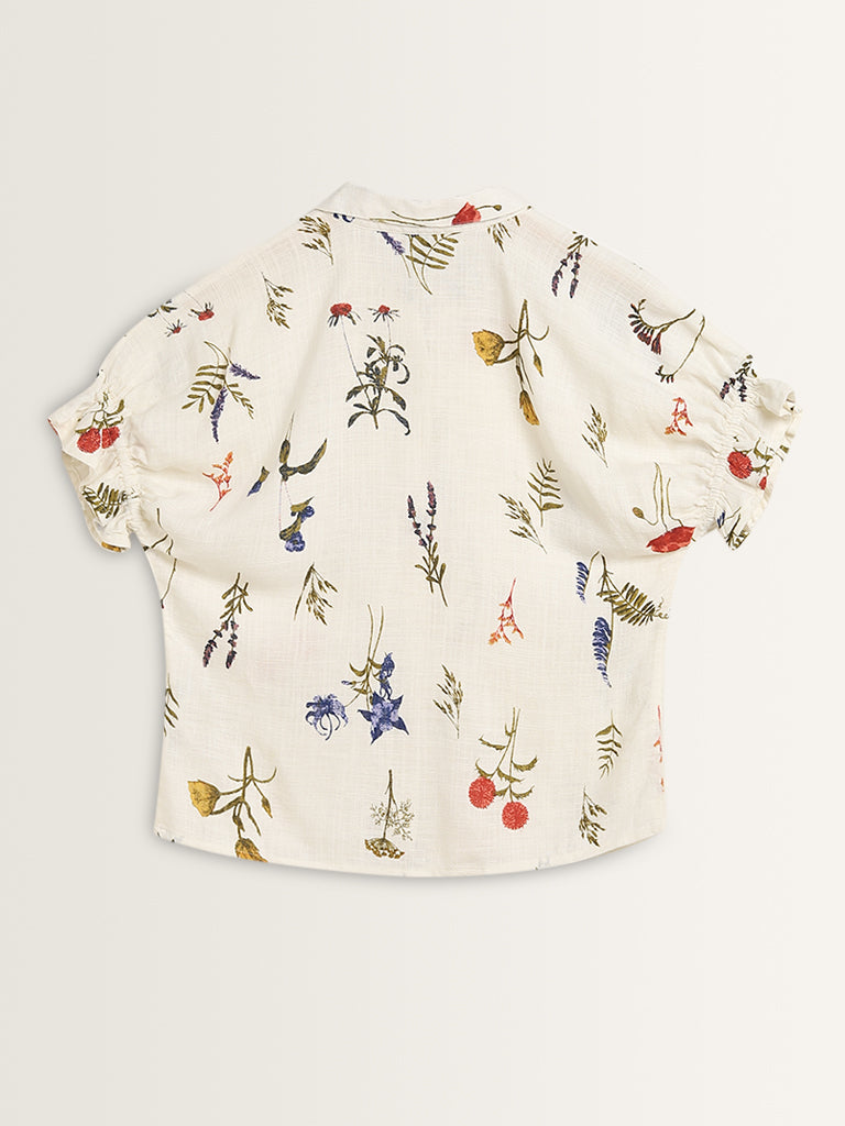 LOV Off-White Floral Printed Blended Linen Shirt