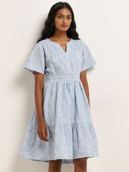 LOV Light Blue Embroidered Tiered Cotton Dress