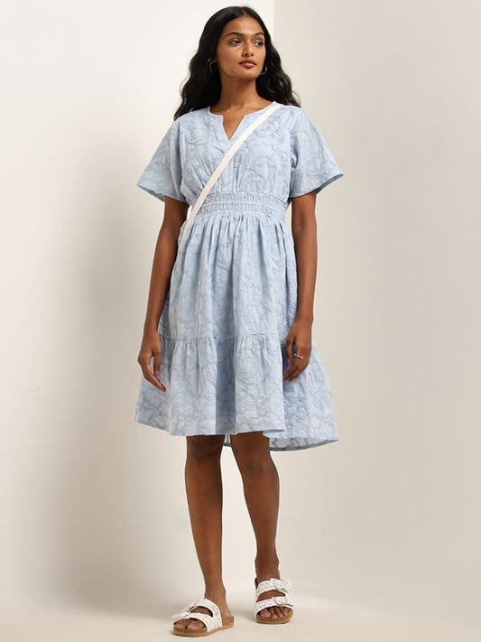 LOV Light Blue Embroidered Tiered Cotton Dress