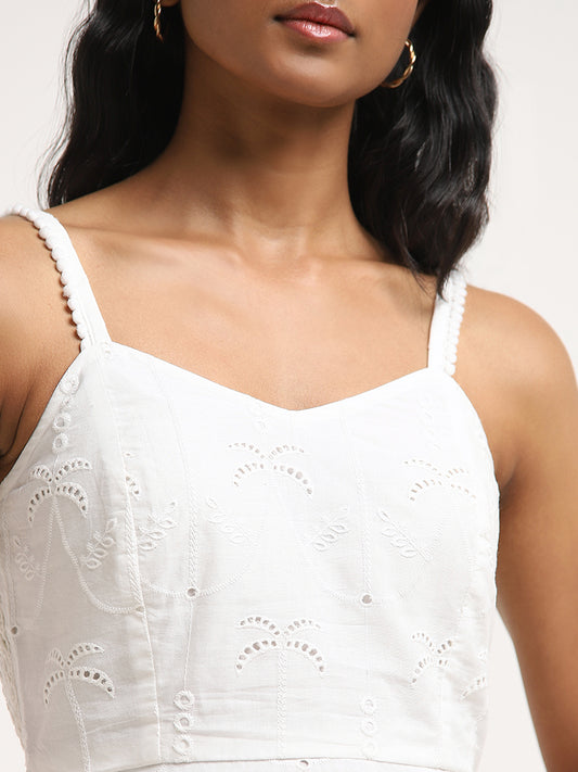 LOV White Schiffli Design Tiered Cotton Dress