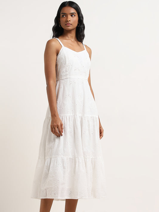 LOV White Schiffli Design Tiered Cotton Dress