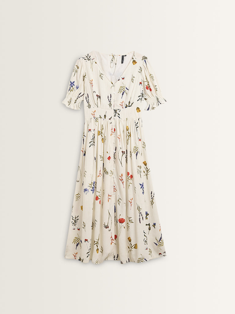 LOV Off-White Floral Printed A-Line Blended Linen Dress