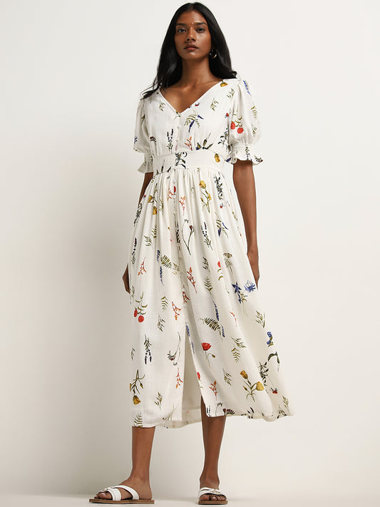 LOV Off-White Floral Printed A-Line Blended Linen Dress