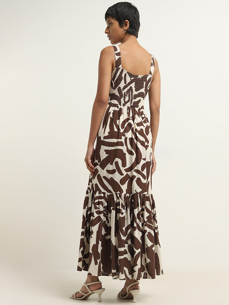 LOV Brown Abstract Printed Tiered Dress