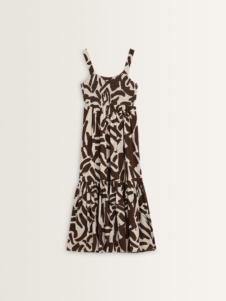 LOV Brown Abstract Printed Tiered Dress