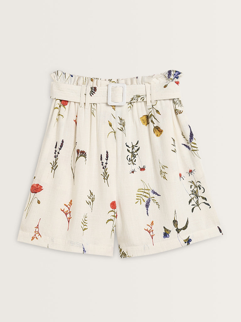 LOV Off-White High-Rise Blended Linen Shorts with Belt