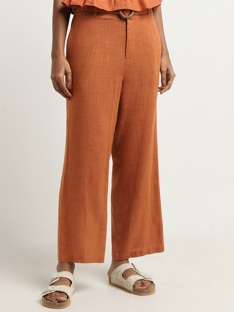 LOV Rust High-Rise Blended Linen Trousers