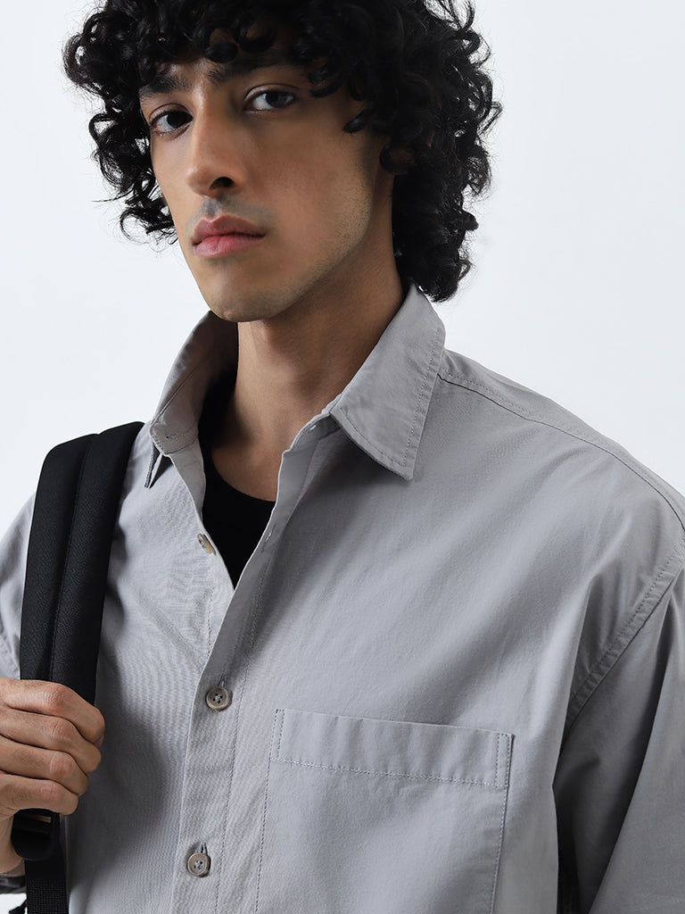 Nuon Grey Solid Relaxed-Fit Cotton Shirt