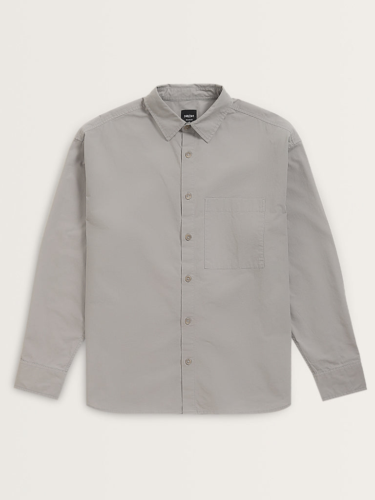 Nuon Grey Solid Relaxed-Fit Cotton Shirt