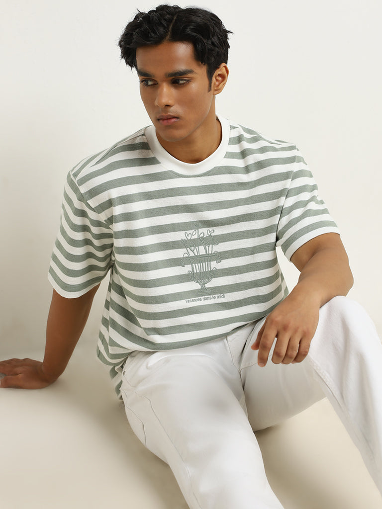 Nuon Sage Stripe Printed Relaxed-Fit Cotton T-Shirt