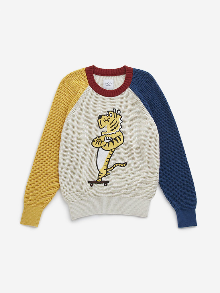 HOP Kids Yellow Animal Printed Knitted Cotton Sweatshirt