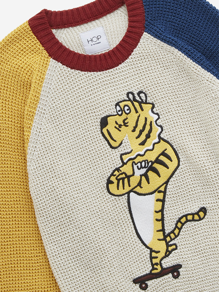 HOP Kids Yellow Animal Printed Knitted Cotton Sweatshirt