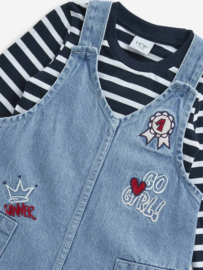 HOP Kids Light Blue Denim Dungaree with T-Shirt Set