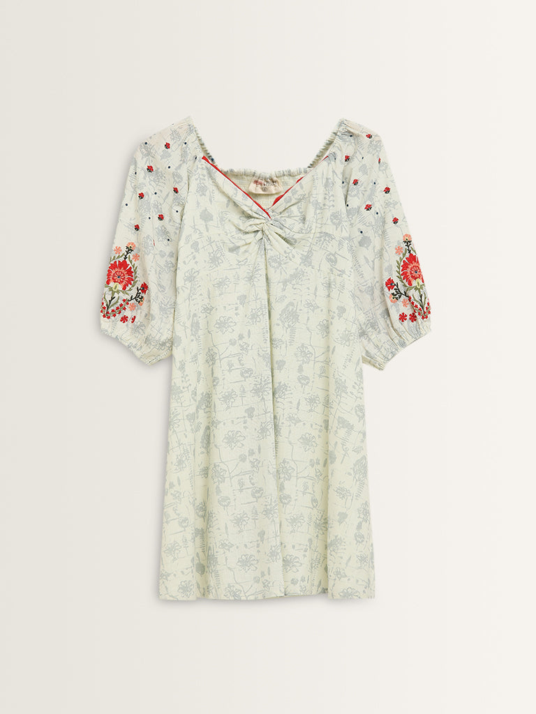 Bombay Paisley Off-White Embroidered A-Line Cotton Dress