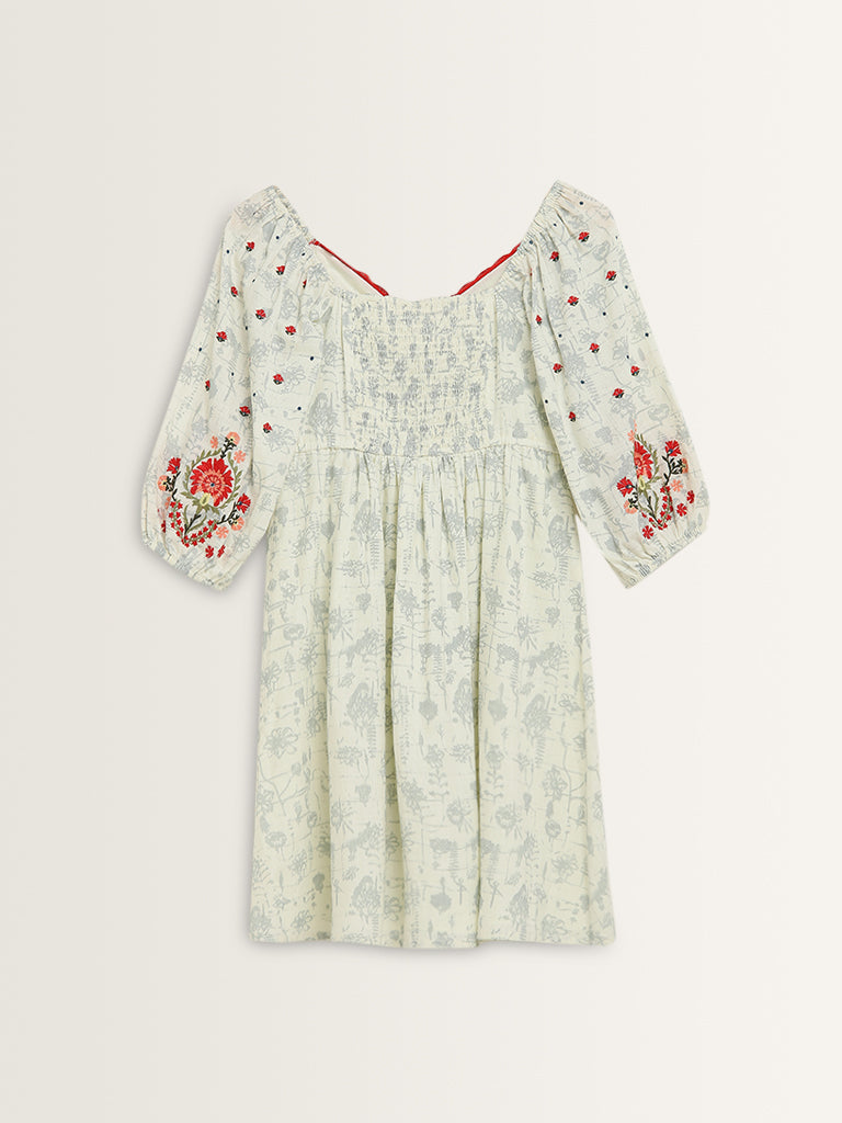 Bombay Paisley Off-White Embroidered A-Line Cotton Dress