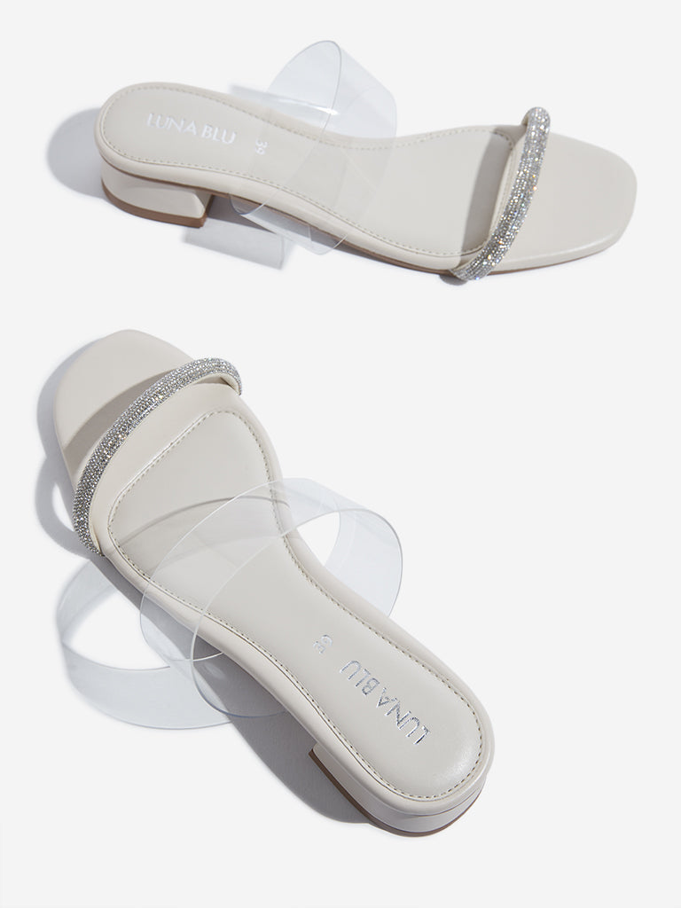 LUNA BLU Ivory Vinyl Strap Embellished Sandals