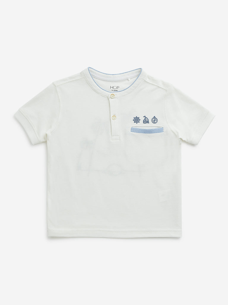 HOP Kids Off-White Embossed Print Henley Cotton T-Shirt