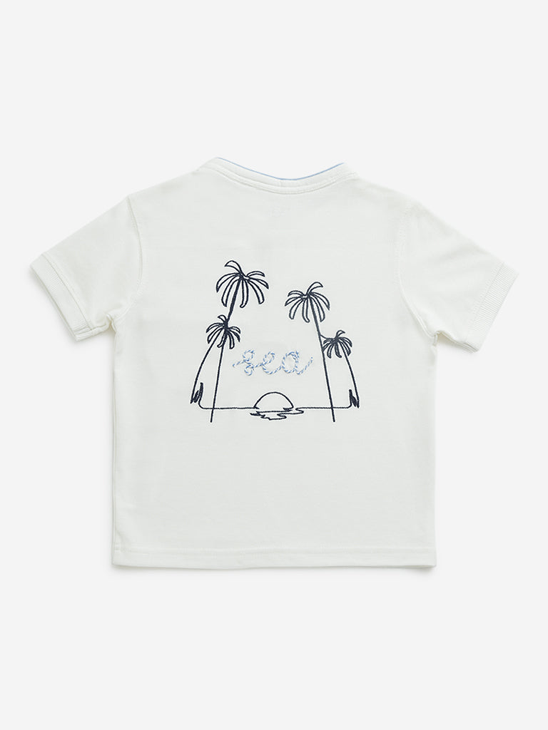 HOP Kids Off-White Embossed Print Henley Cotton T-Shirt