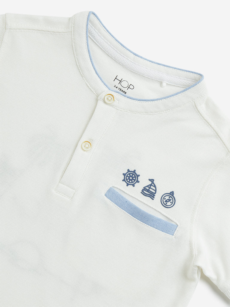 HOP Kids Off-White Embossed Print Henley Cotton T-Shirt