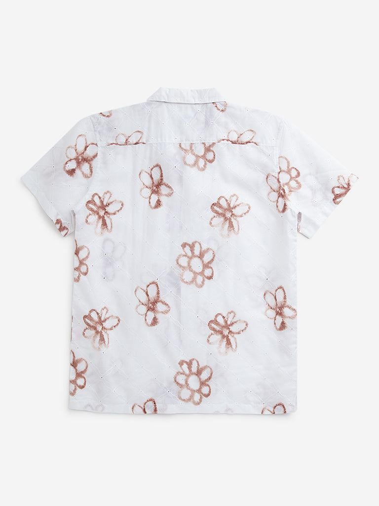 Y&F Kids White Floral Printed Resort-Fit Shirt