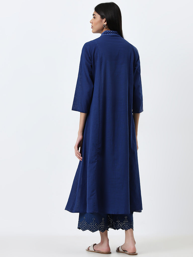 Utsa Dark Blue Embellished A-Line Cotton Kurta