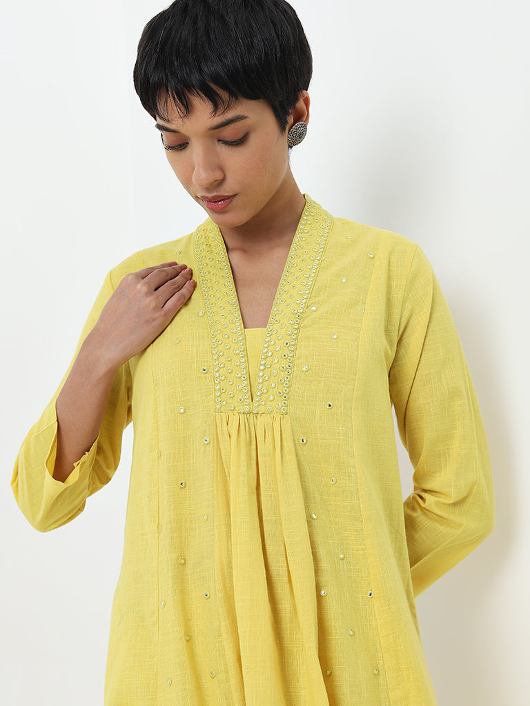 Utsa Yellow Mirror-Work A-Line Cotton Kurta