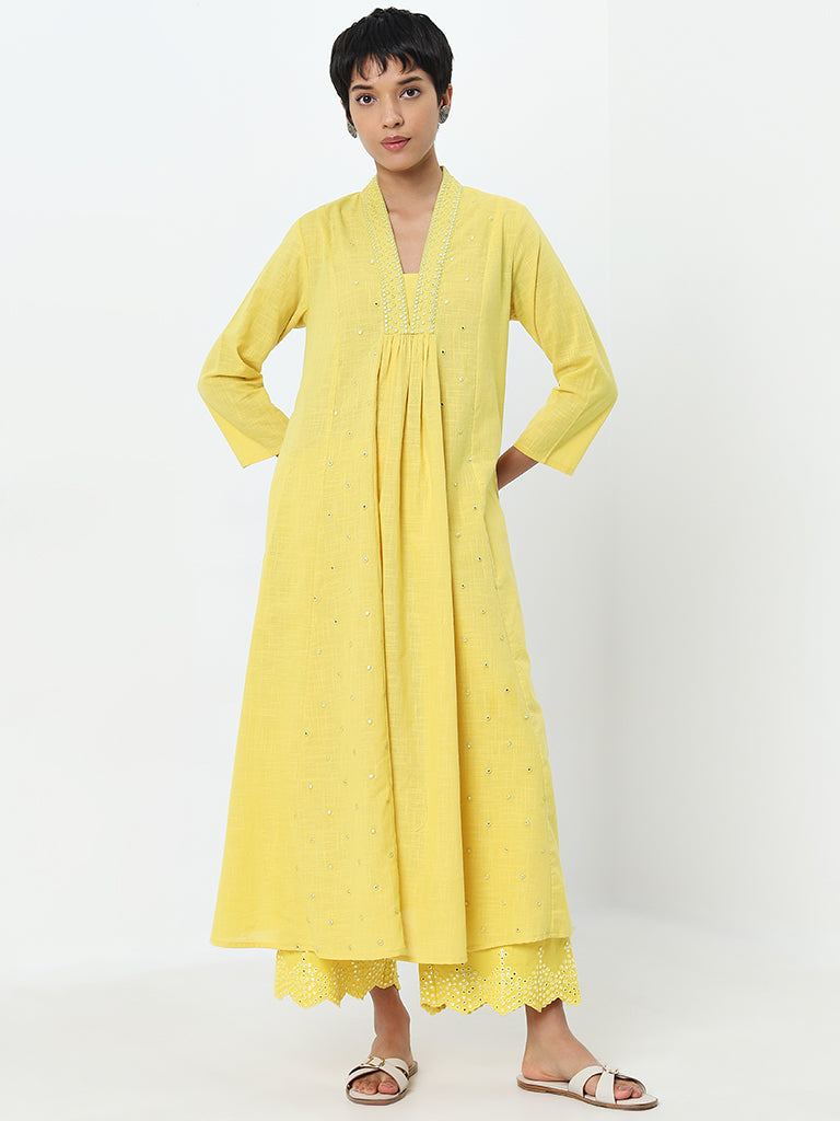 Utsa Yellow Mirror-Work A-Line Cotton Kurta