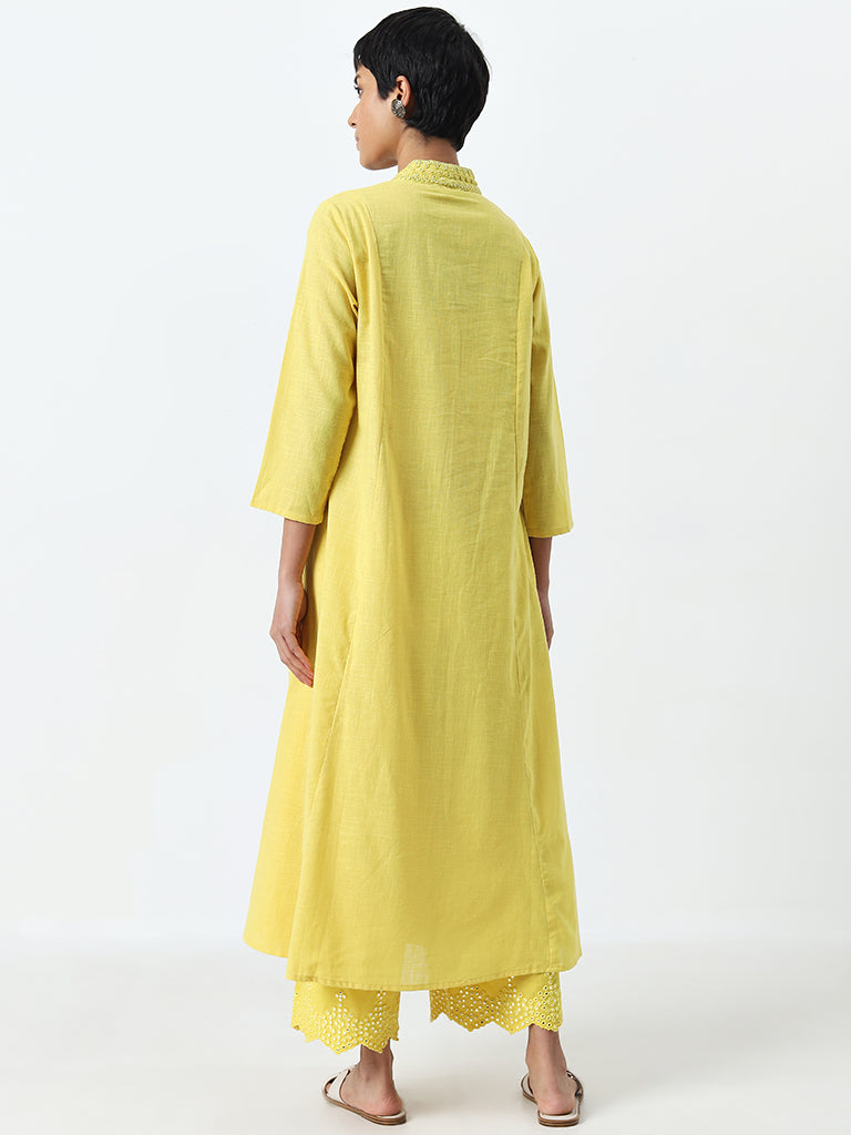 Utsa Yellow Mirror-Work A-Line Cotton Kurta