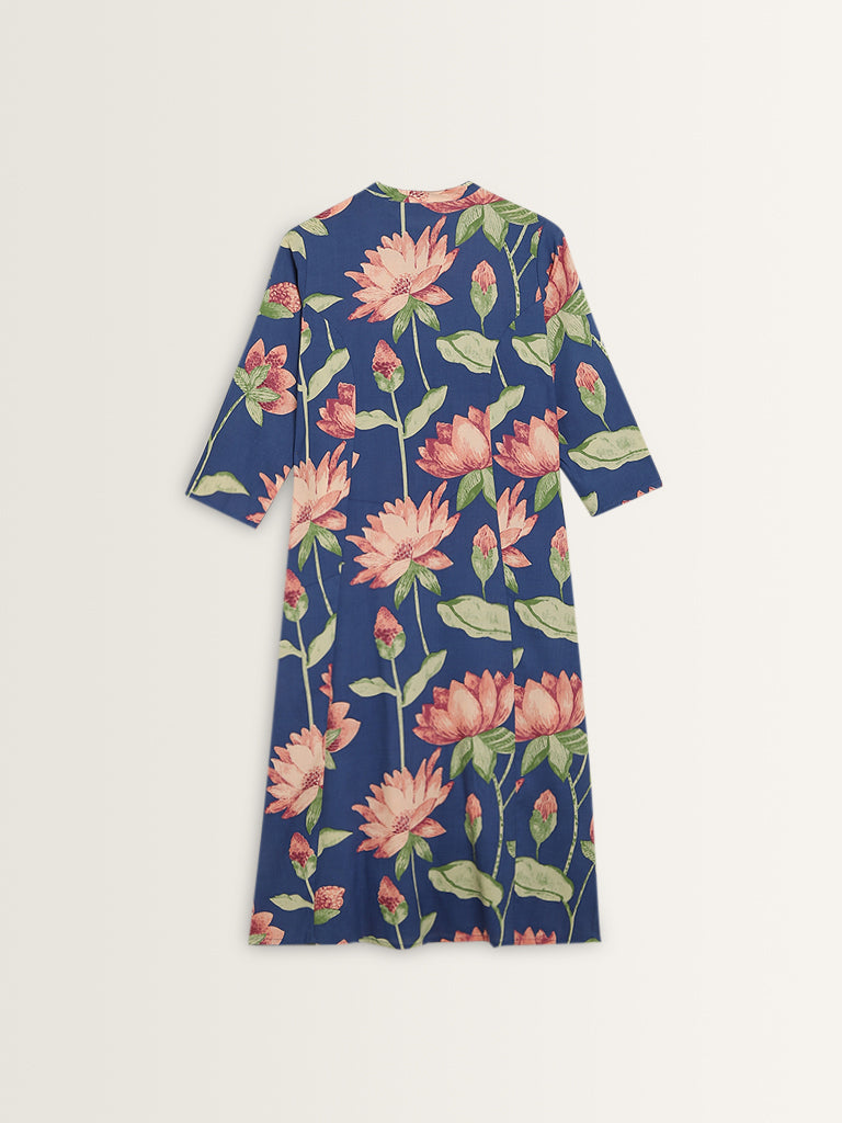 Utsa Blue Floral Printed A-Line Cotton Kurta