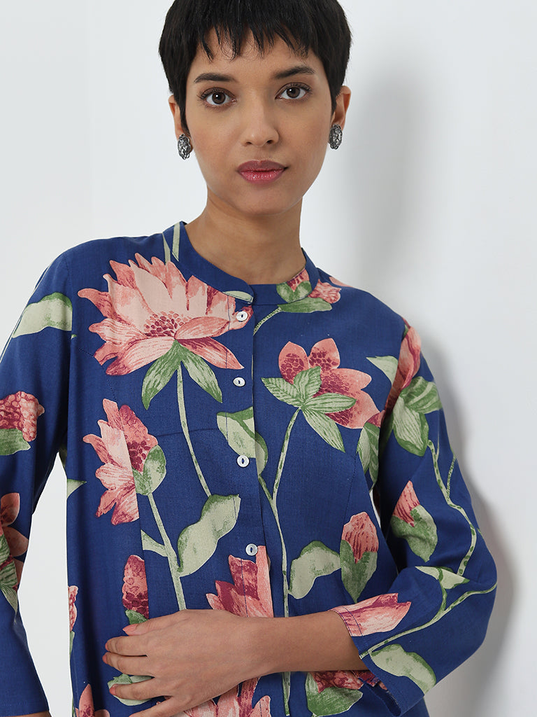 Utsa Blue Floral Printed A-Line Cotton Kurta