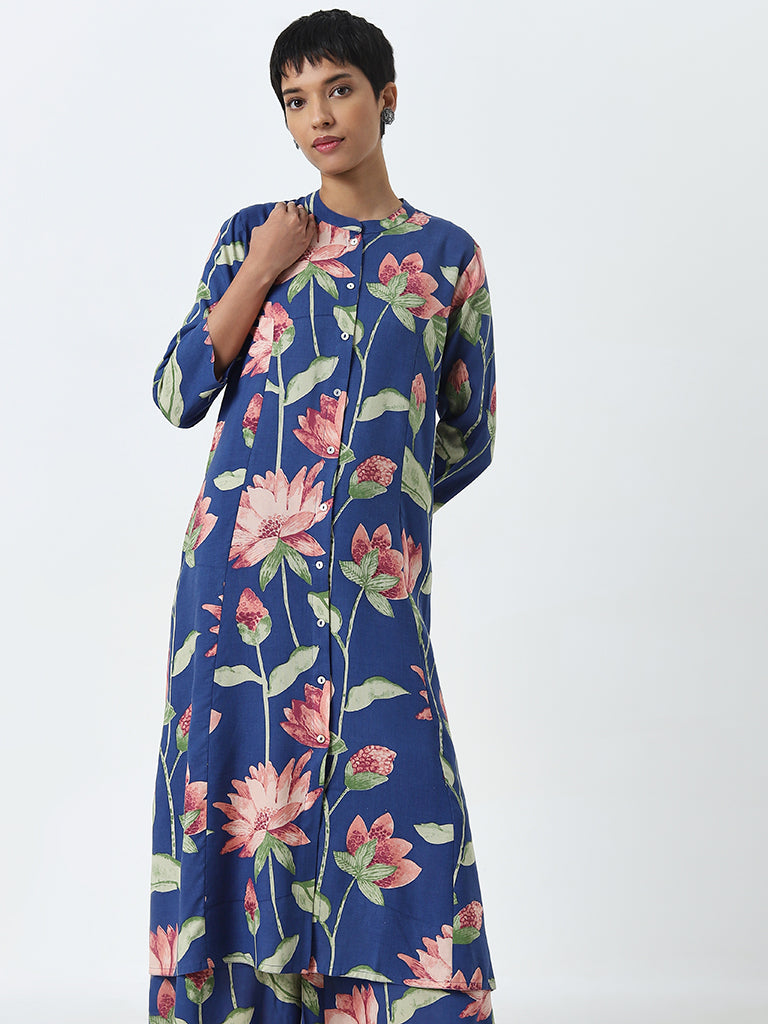 Utsa Blue Floral Printed A-Line Cotton Kurta