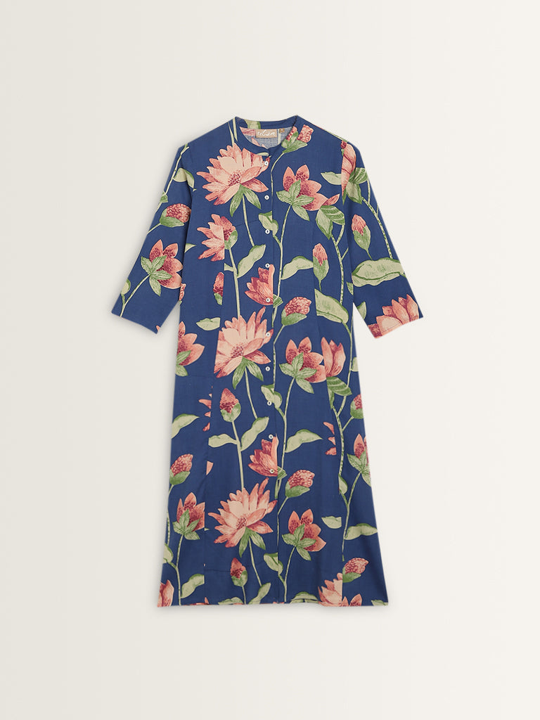 Utsa Blue Floral Printed A-Line Cotton Kurta