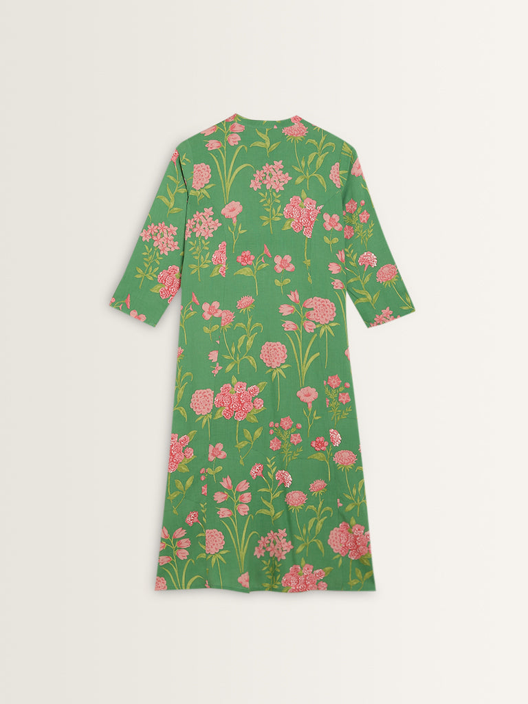 Utsa Green Floral Patterned A-Line Cotton Kurta