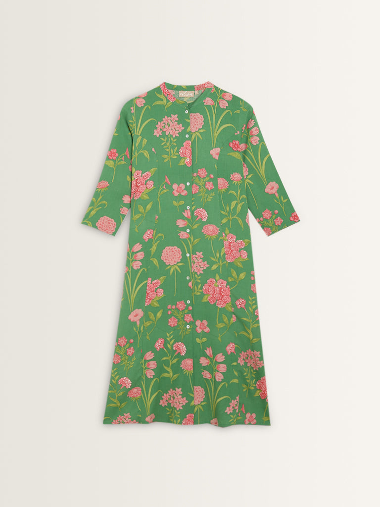 Utsa Green Floral Patterned A-Line Cotton Kurta