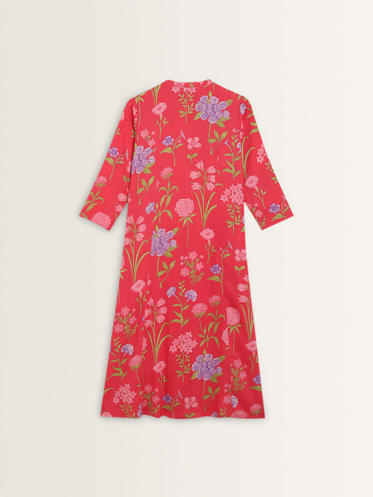 Utsa Pink Floral Design A-Line Cotton Kurta